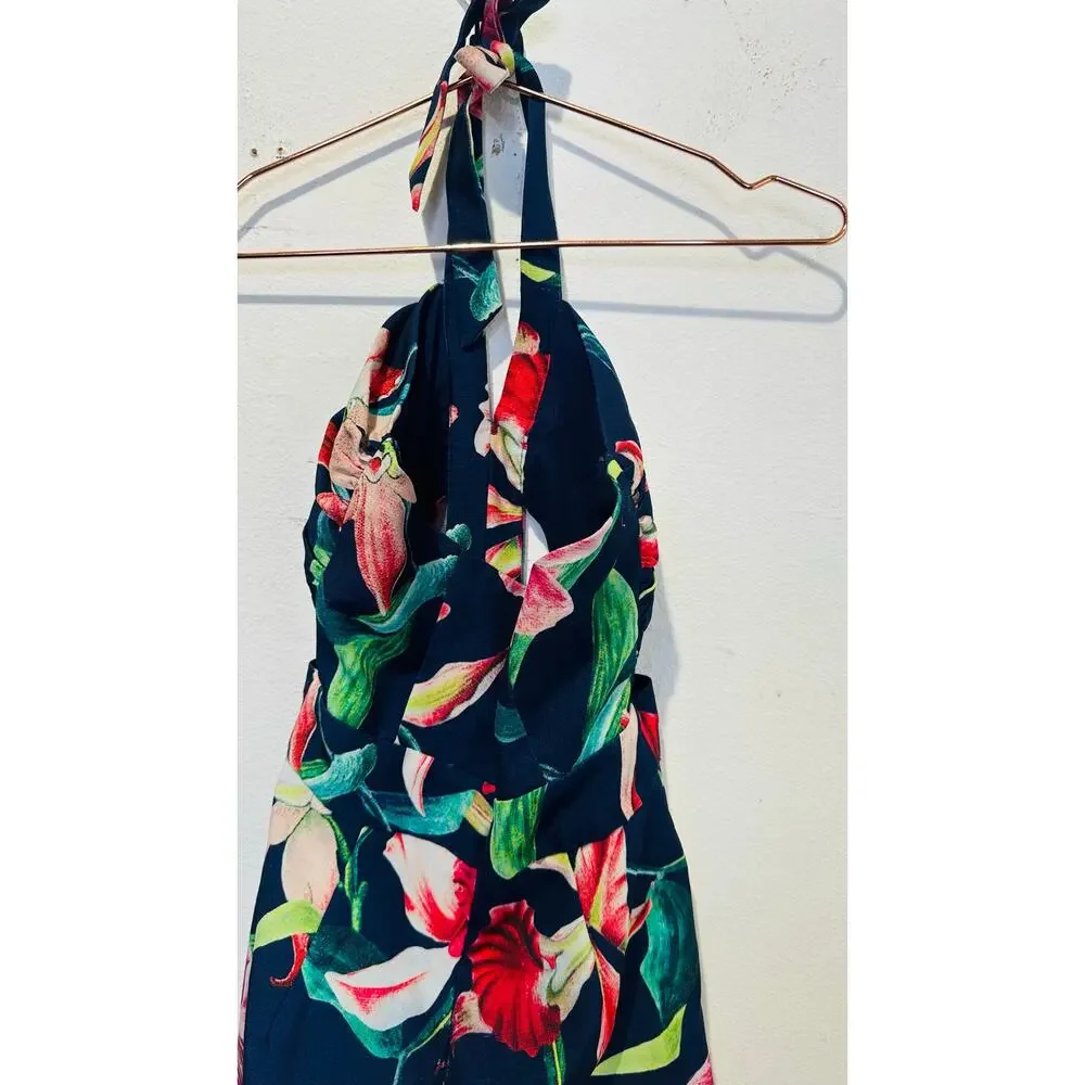 PATBO Navy Blue Floral Halter Neck Center Cut-Out Wide Leg Laelia Jumpsuit US 0 - Picture 10 of 16
